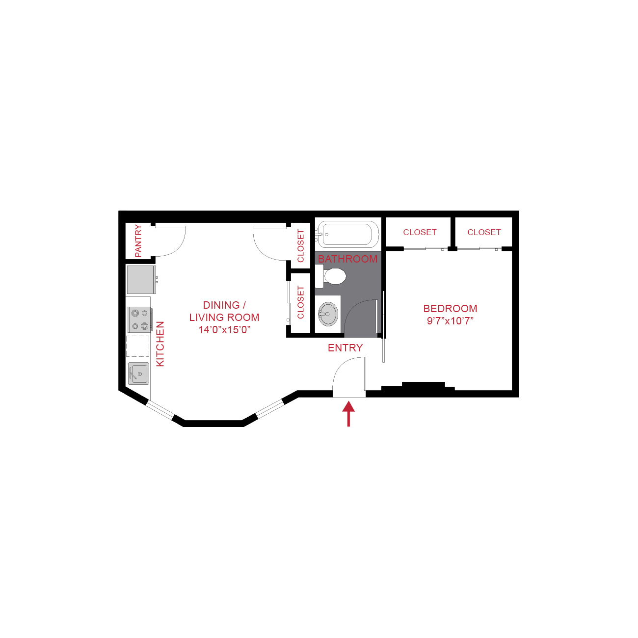 Floor plan for 1 bed, 1 bath, 565 sqft